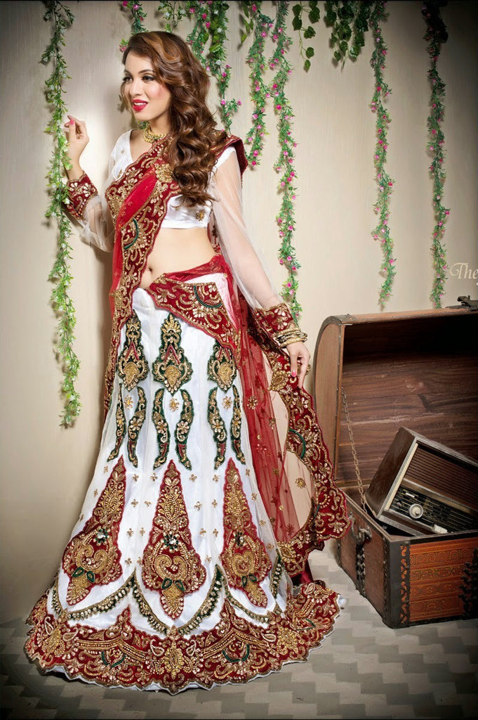 White and Red Embroidery Stone Work Lehanga