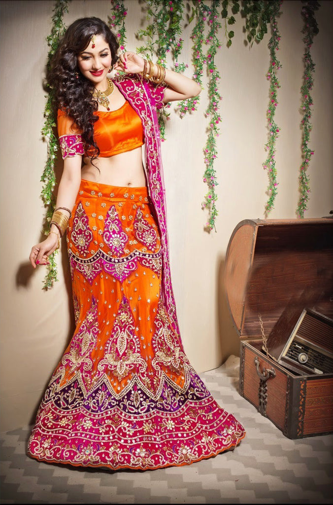 Orange With Pink Stone Work And Embroidery Lehanga Choli