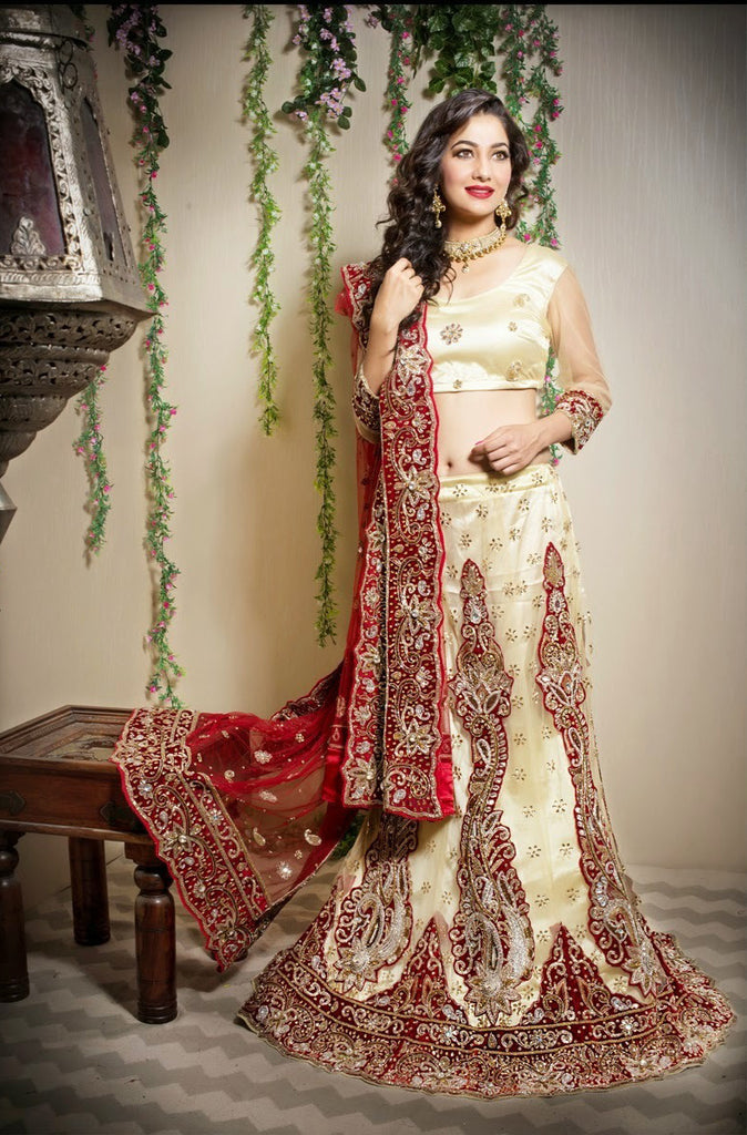 Cream And Red Embroidery Velvet Patch Work Lehanga