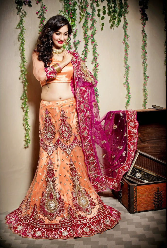 Peach with Pink Color Heavy Embroidery Work Bridal Lehenga Choli