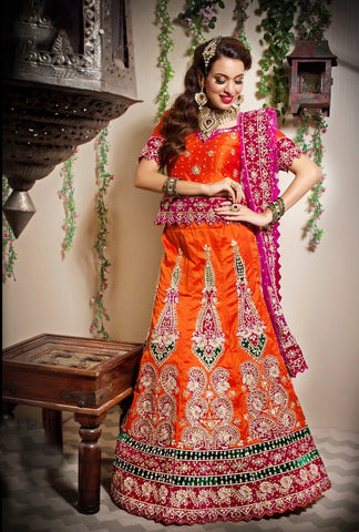 Orange With Pink Silk Heavy Bridal Work Lehanga Choli