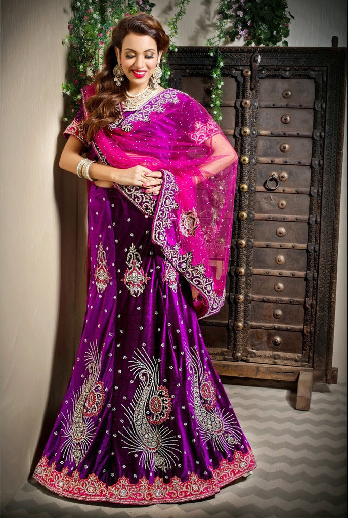 Purple Velvet Embroidery Bridal Lehanga choli With Net Duppatta