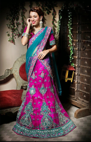 Pink And Sky Blue Net Lehanga Choli