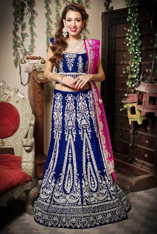 Velvet Blue With Heavy Embroidery Work With Net Pick Duppatta
