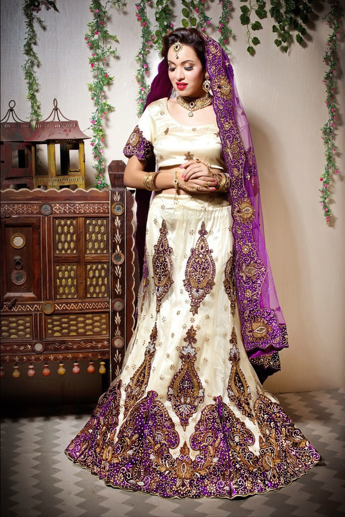 Cream And Purple Net And Embroidery Lehanga Choli