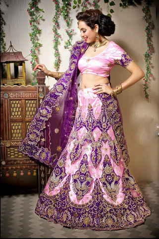 Purple And Light Pink Net and Embroidery Worked lehanga Choli