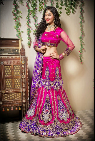 Deep Pink Net Embroidered Wedding and Bridal Lehenga Choli