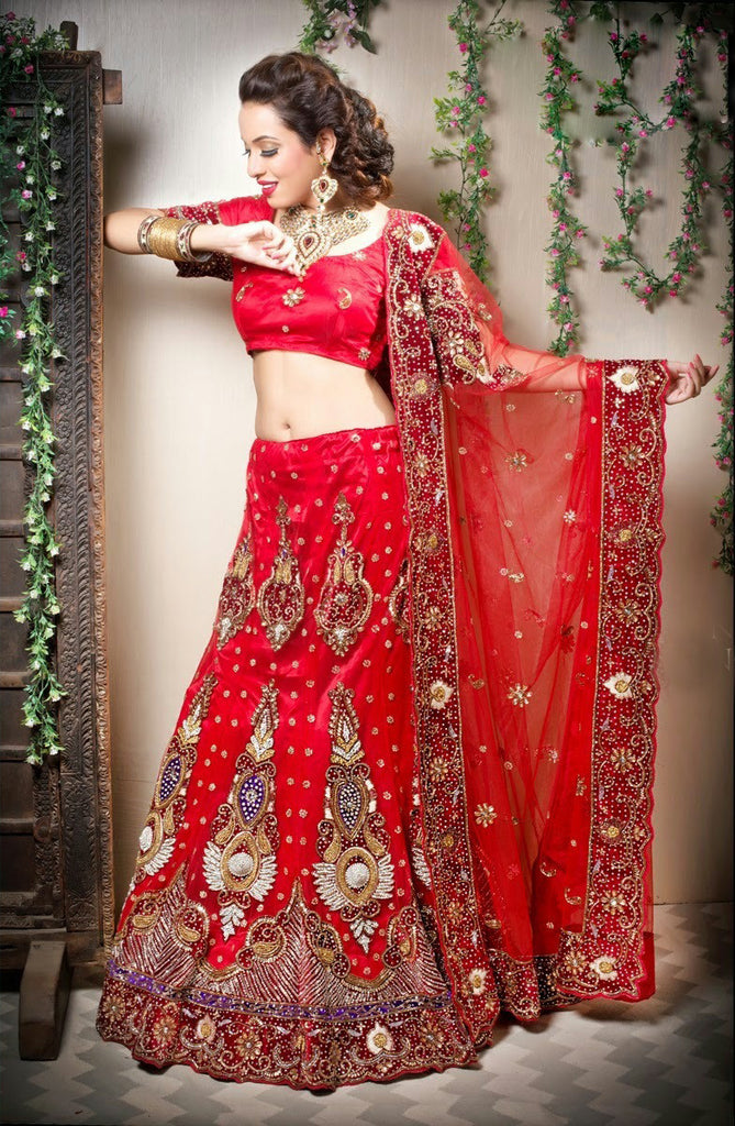 Red Embroidery and Stone Work Lehanga Choli
