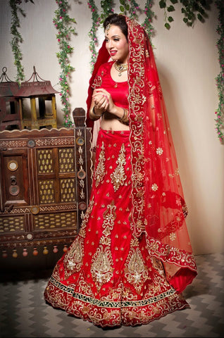 Red With Stone Work Embroidery Lehanga