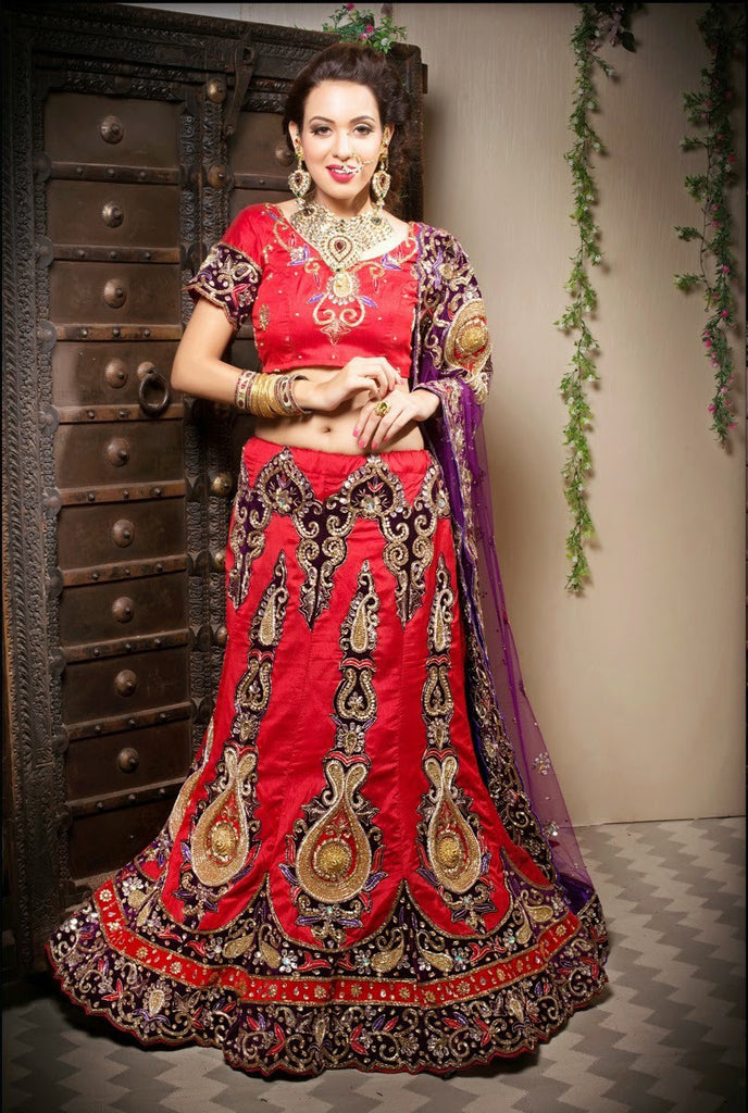 Red Silk Embroidery And Stone Work Lehanga