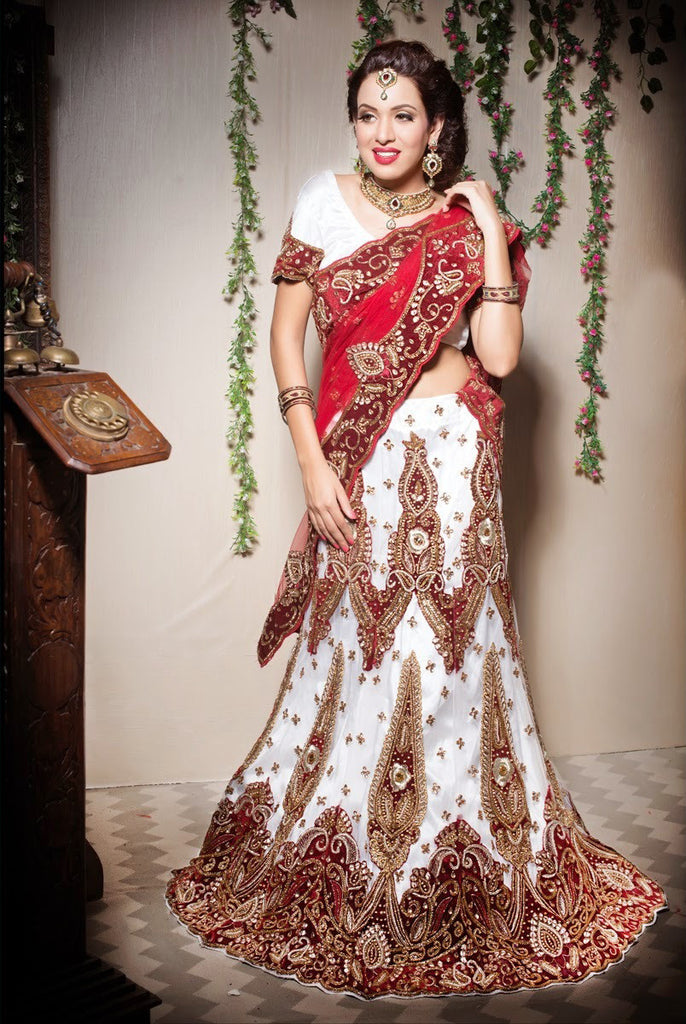 White Heavy Stone Work With Embroidery Lehanga
