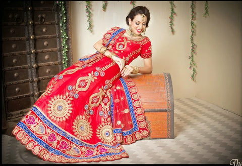Red With Heavy  Embroidery Work Lehanga Choli With Red Net Duppatta