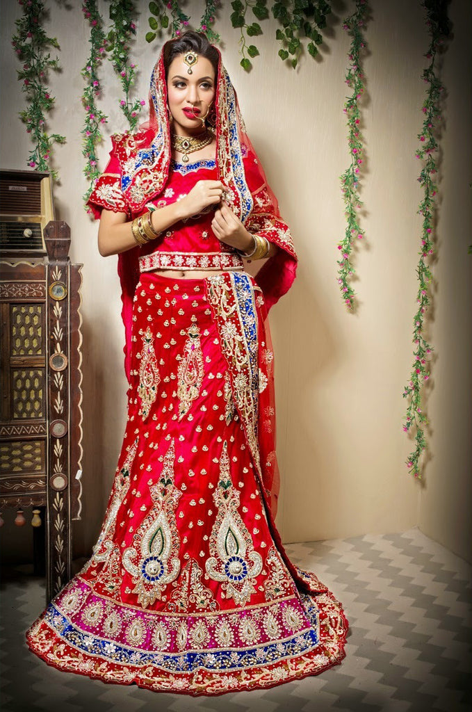 Dazzling Red Embroidery Patch Border Work Net Designer Lehenga
