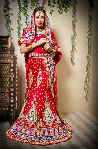 Dazzling Red Embroidery Patch Border Work Net Designer Lehenga