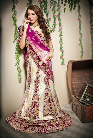 Purple and Cream Stone Work Bridal Lehanga With Net Worked Duppata