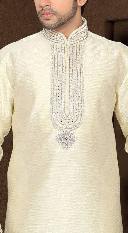 Cream colored Jacquard art silk Kurta Pyjama