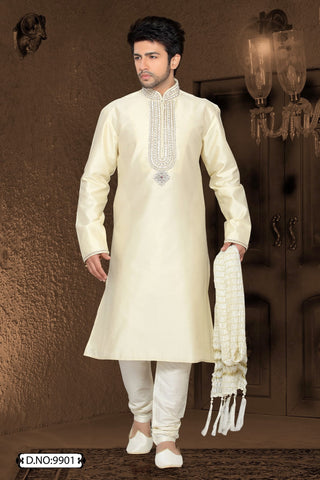 Cream colored Jacquard art silk Kurta Pyjama
