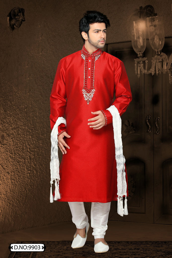 Red Jacquard art silk Kurta