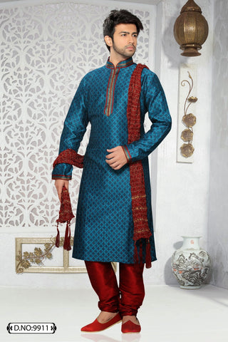Teal blue Art silk Kurta Pyjama