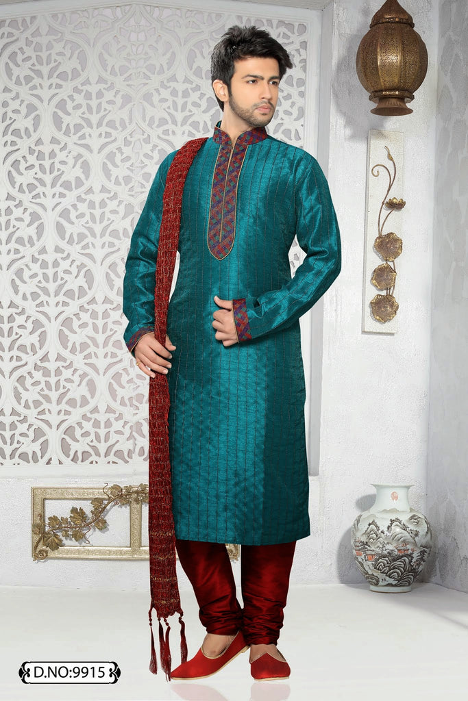 Teal green Art silk Kurta Pyjama