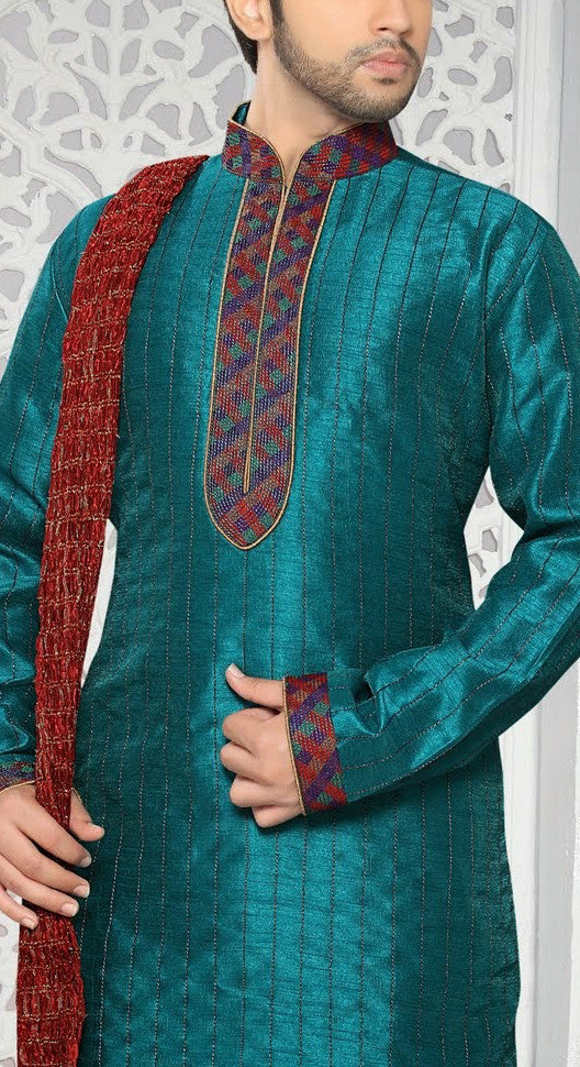 Teal green Art silk Kurta Pyjama