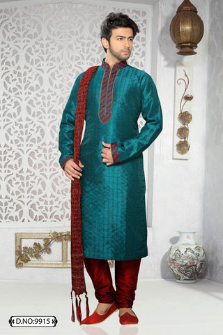 Teal green Art silk Kurta Pyjama