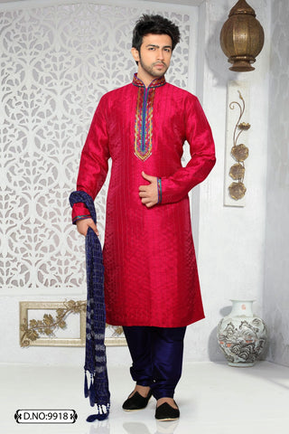 Tomato red Art silk Kurta Pyjama