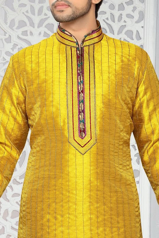 Yellow Art silk Kurta Pyjama