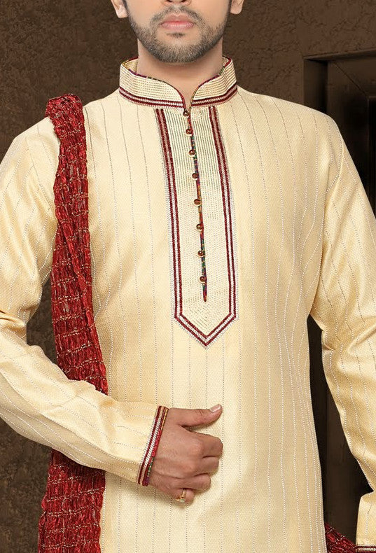 Cream Jacquard art silk Kurta Pyjama