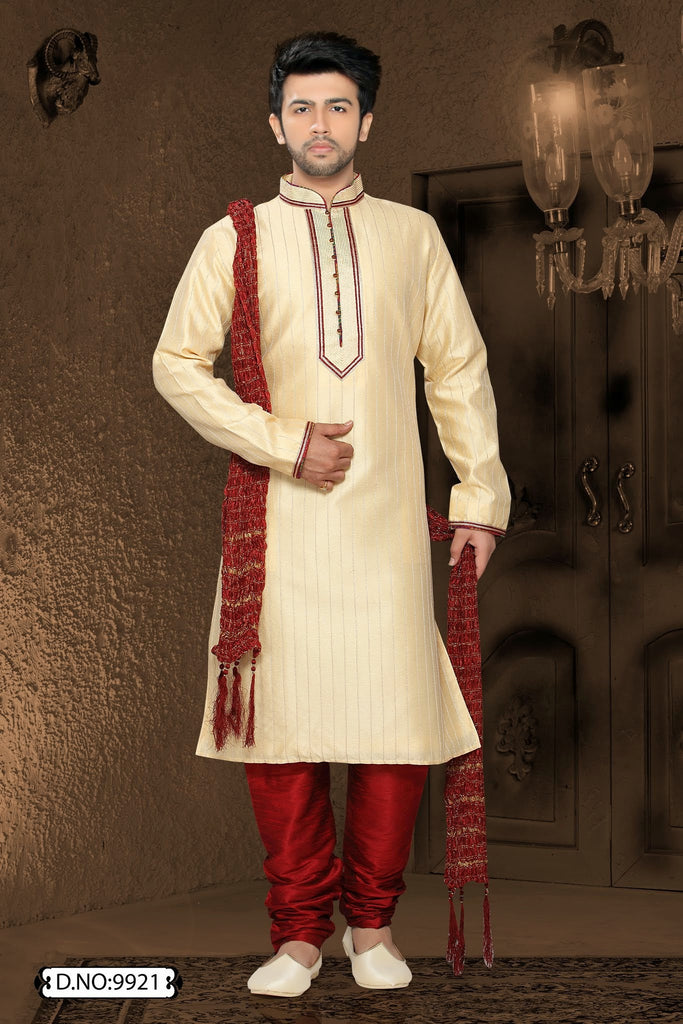 Cream Jacquard art silk Kurta Pyjama