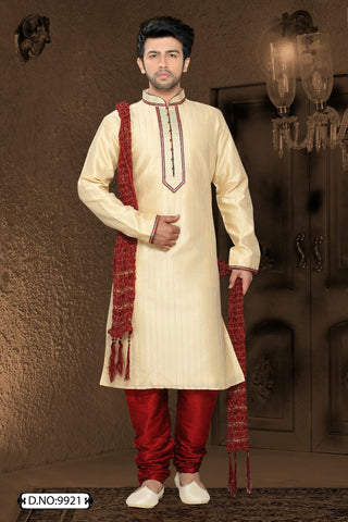 Cream Jacquard art silk Kurta Pyjama