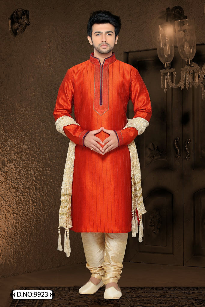 Orange Jacquard art silk Kurta Pyjama