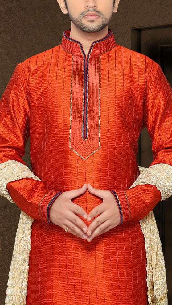 Orange Jacquard art silk Kurta Pyjama
