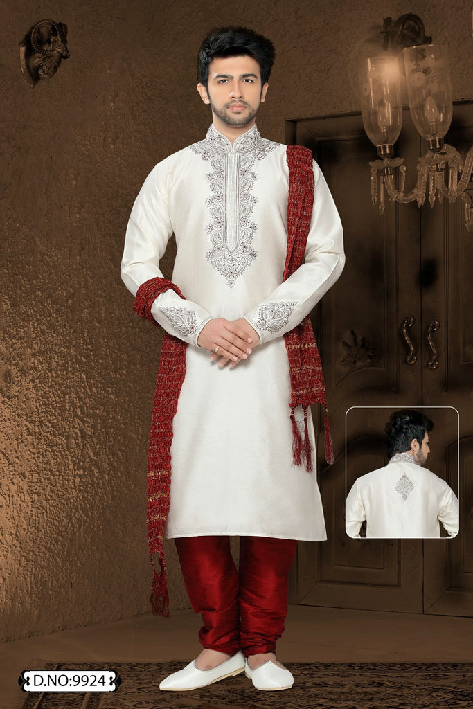 Off white Jacquard art silk Kurta Pyjama