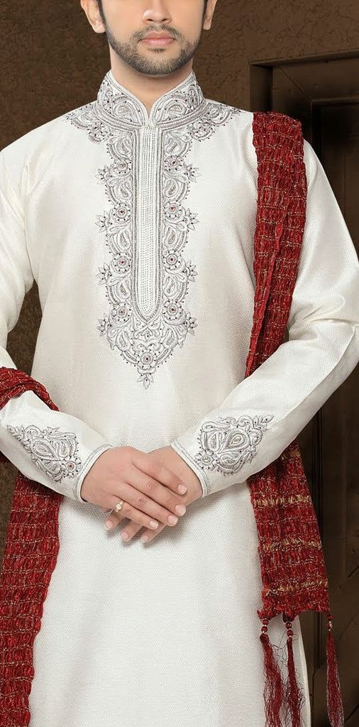 Off white Jacquard art silk Kurta Pyjama