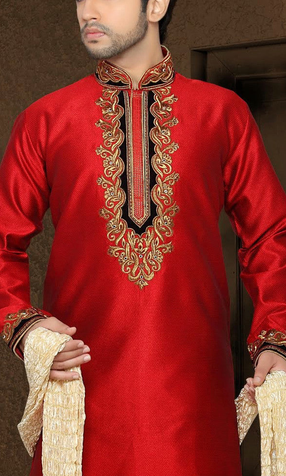 Red Jacquard art silk Kurta Pyjama