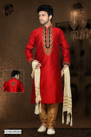 Red Jacquard art silk Kurta Pyjama