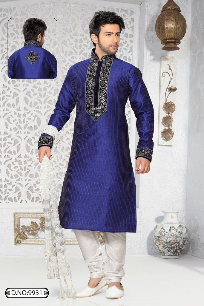 Blue Jacquard art silk Embroidery Kurta Pyjama