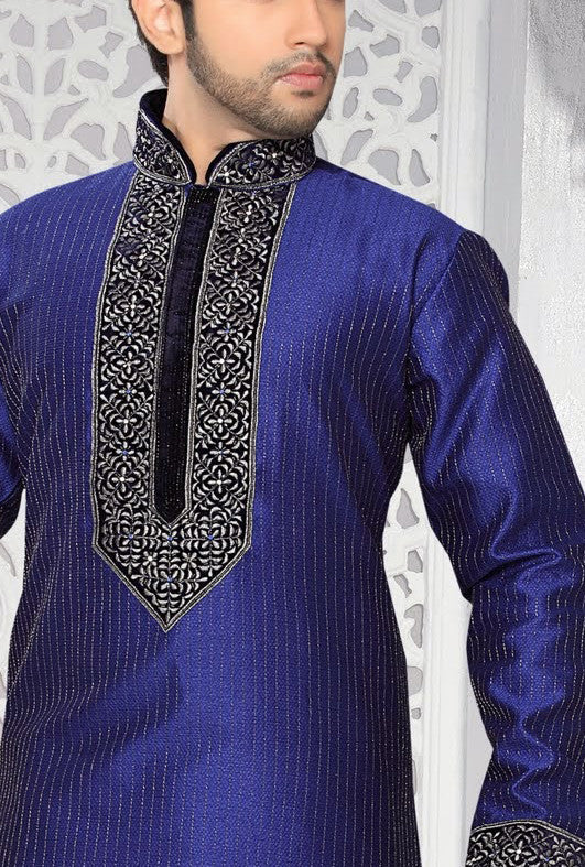 Blue Jacquard art silk Embroidery Kurta Pyjama