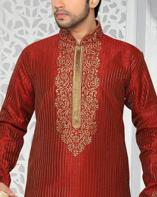 Red art silk Kurta Pyjama