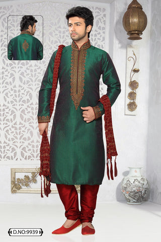 Green Dupion silk Kurta Pyjama