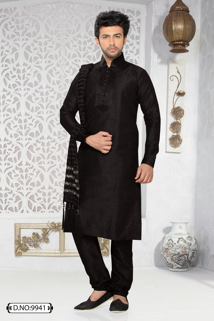 Black Dupion silk Kurta Pyjama