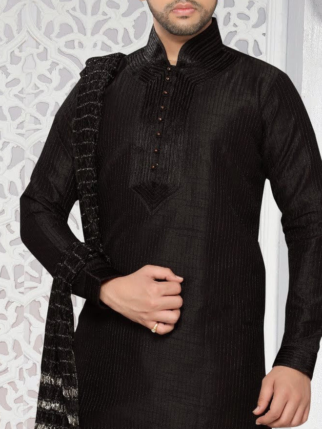 Black Dupion silk Kurta Pyjama