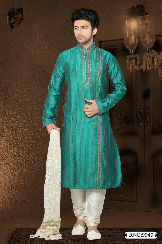 Teal green Jacquard art silk Kurta Pyjama