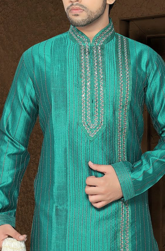 Teal green Jacquard art silk Kurta Pyjama