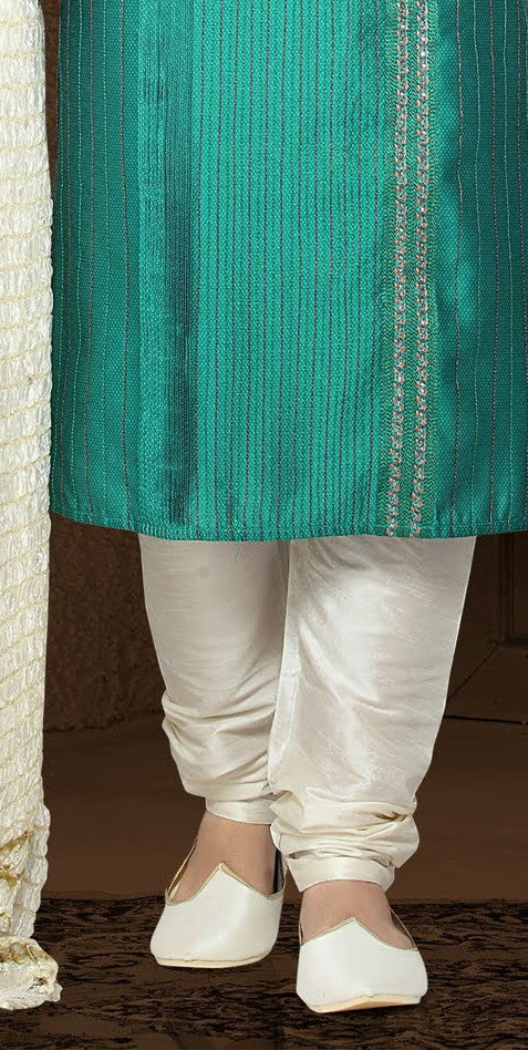 Teal green Jacquard art silk Kurta Pyjama