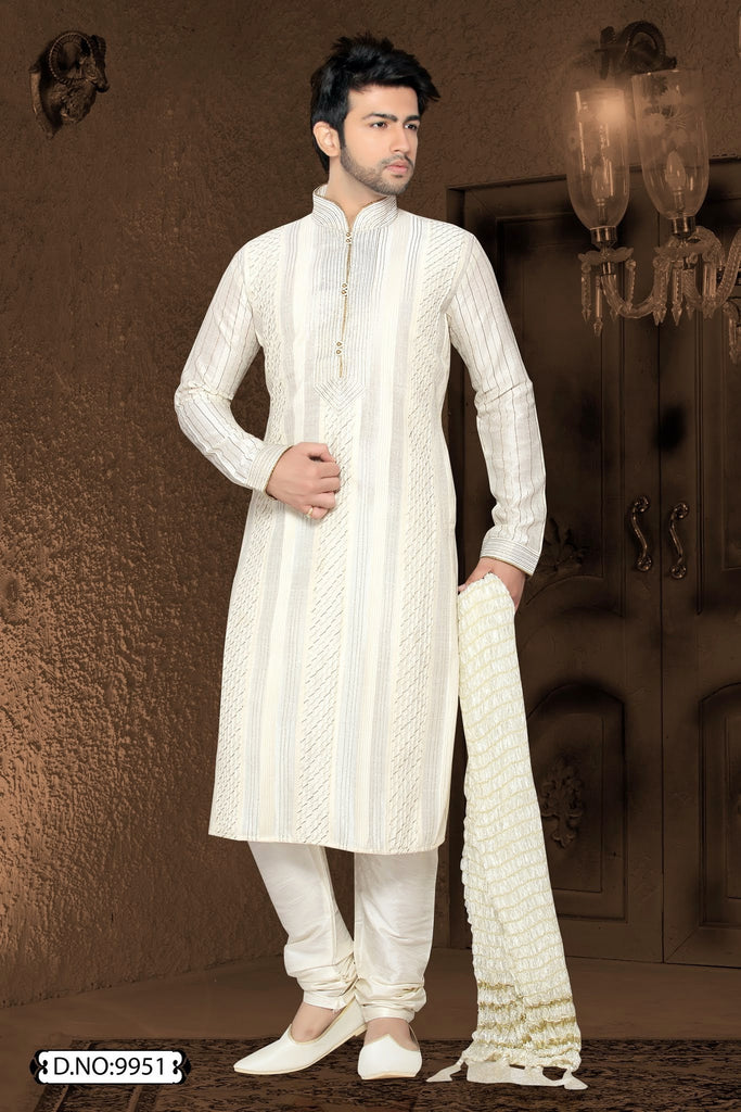 Cream Dupion art silk Kurta Pyjama