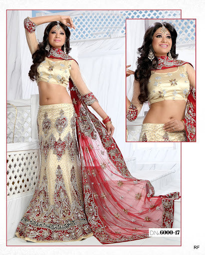 Cream Yellow and Cardinal Red Net Embroidered Bridal Lehenga Choli - RAJSHRIFASHIONS