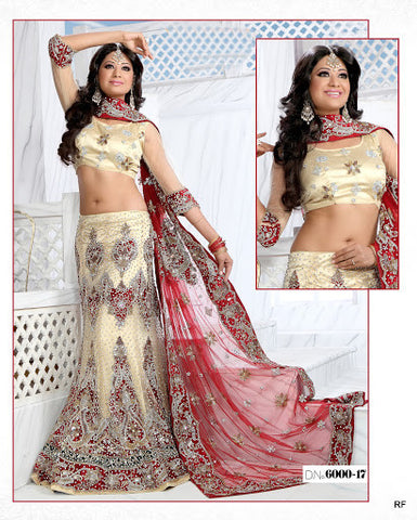 Cream Yellow and Cardinal Red Net Embroidered Bridal Lehenga Choli - RAJSHRIFASHIONS