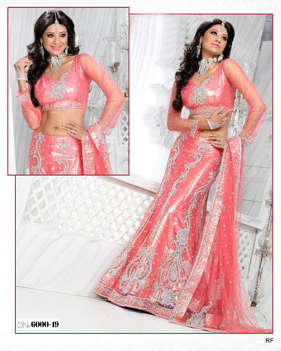 Pink Net and Shimmer Bridal Lehenga with heavy stone work